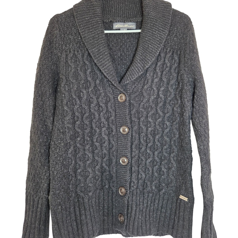 Eddie Bauer Cardigan Sweater Women's M Gray Lambswool Shawl Collar Cable Knit